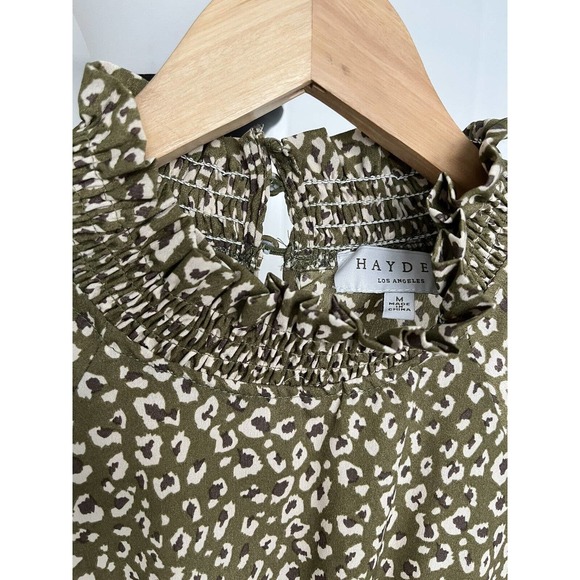 Hayden Los Angeles Midi Ruffle Olive Green Animal Print Dress Sze M Retro Tiered - Picture 3 of 7